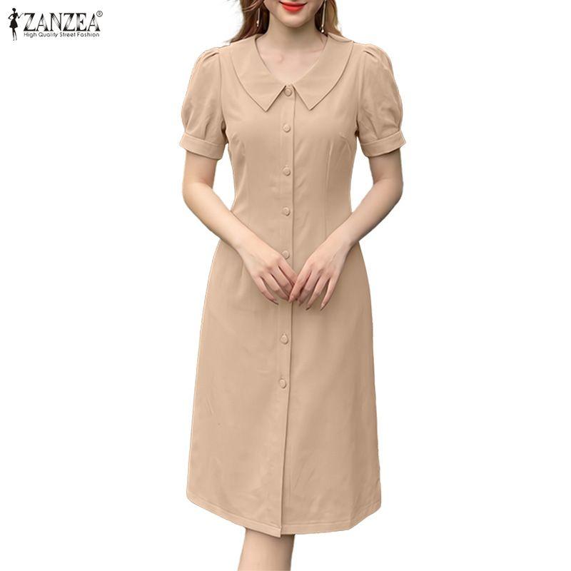 ZANZEA Women Casual V-Neck Solid Color Summer Short Sleeve Dress