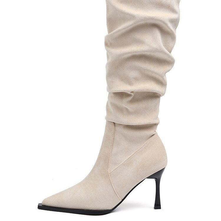 Small thin heel boots women's 2025 autumn new suede stacking boots pointed temperament high heel boots
