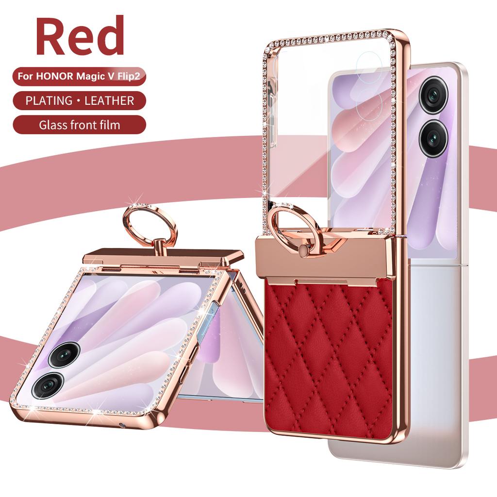 Luxury Fashion Diamonds Leather Plating Ring Holder Phone Case For Honor Magic V Flip 2 Hinge Full Protection V Flip2 Cover