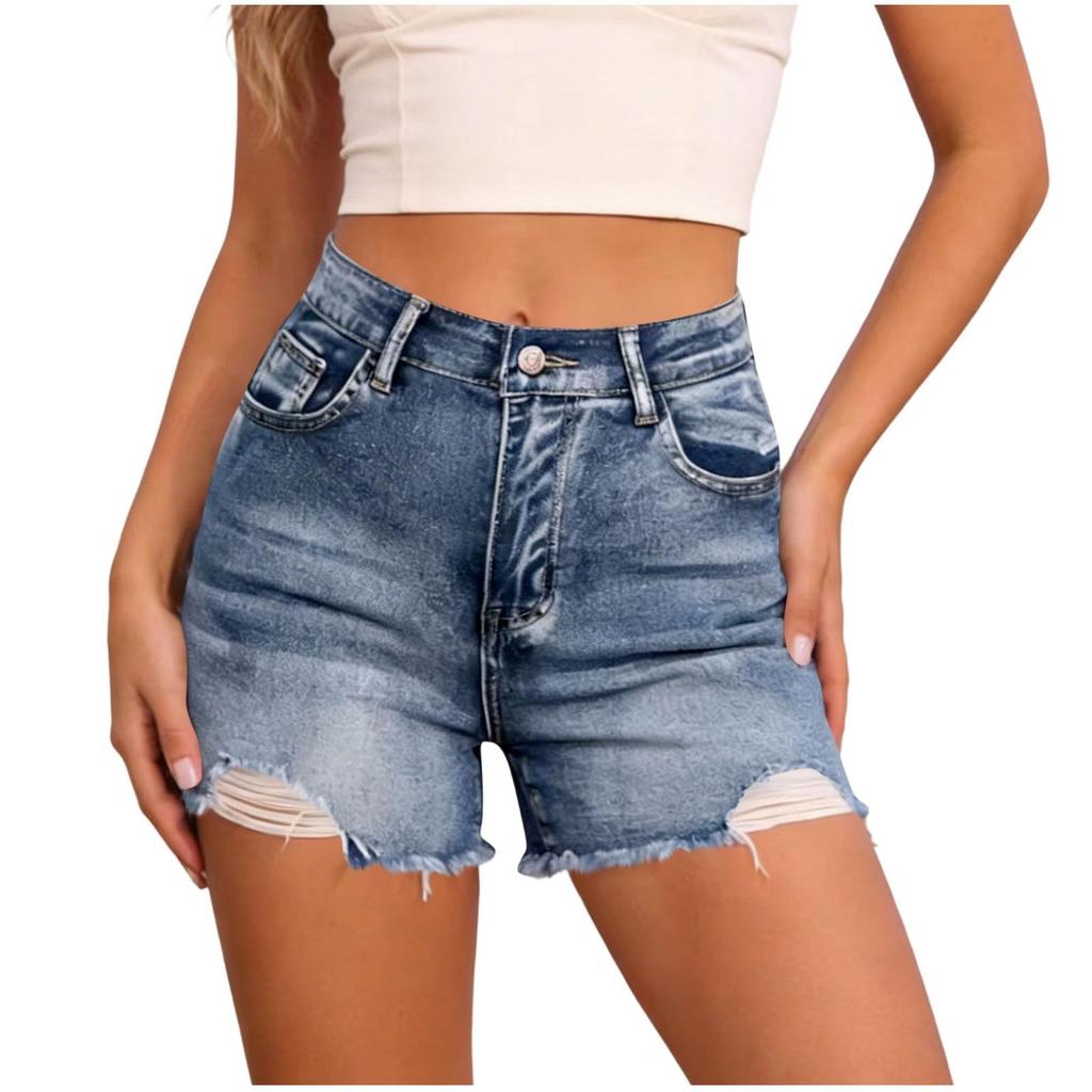 Women's Classic Denim Shorts High Waist Five Pocket Design Raw Hem Distressed Detail Non-Stretch Fabric Casual Summer Bottoms