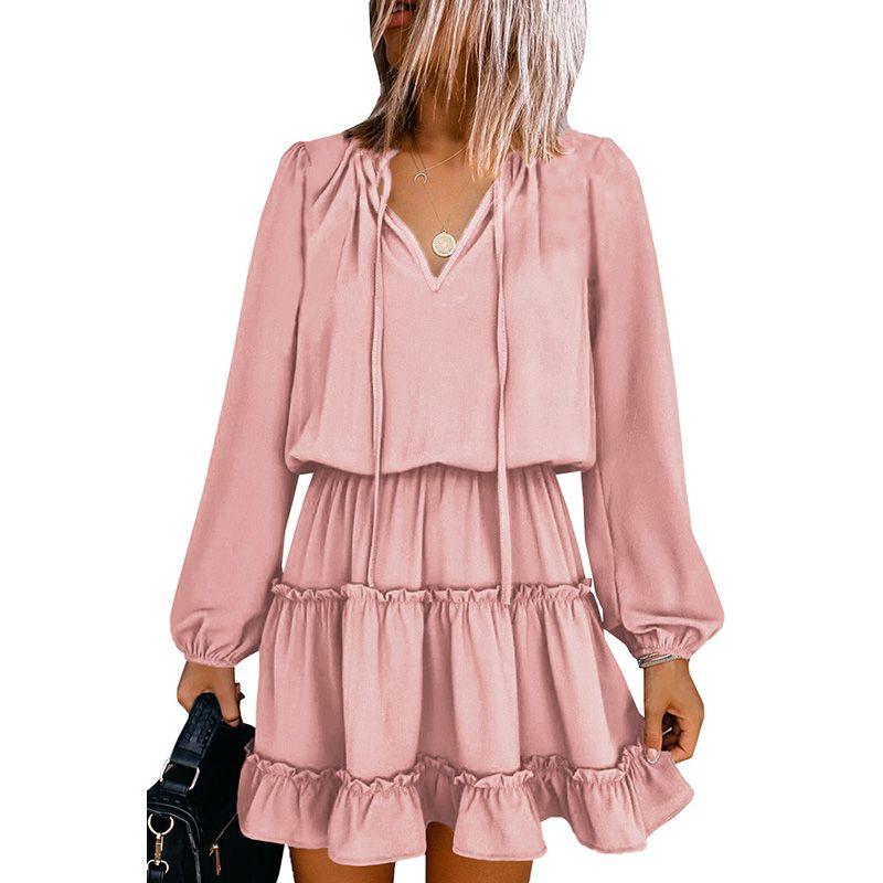 

2024 Autumn Solid Color Thin Jumpsuit Skirt Fashion Slim Looking Temperament Commute Pullover Loose Knee-Length Dress Women Pink Size S fit (45.00 kg-55.00 kg