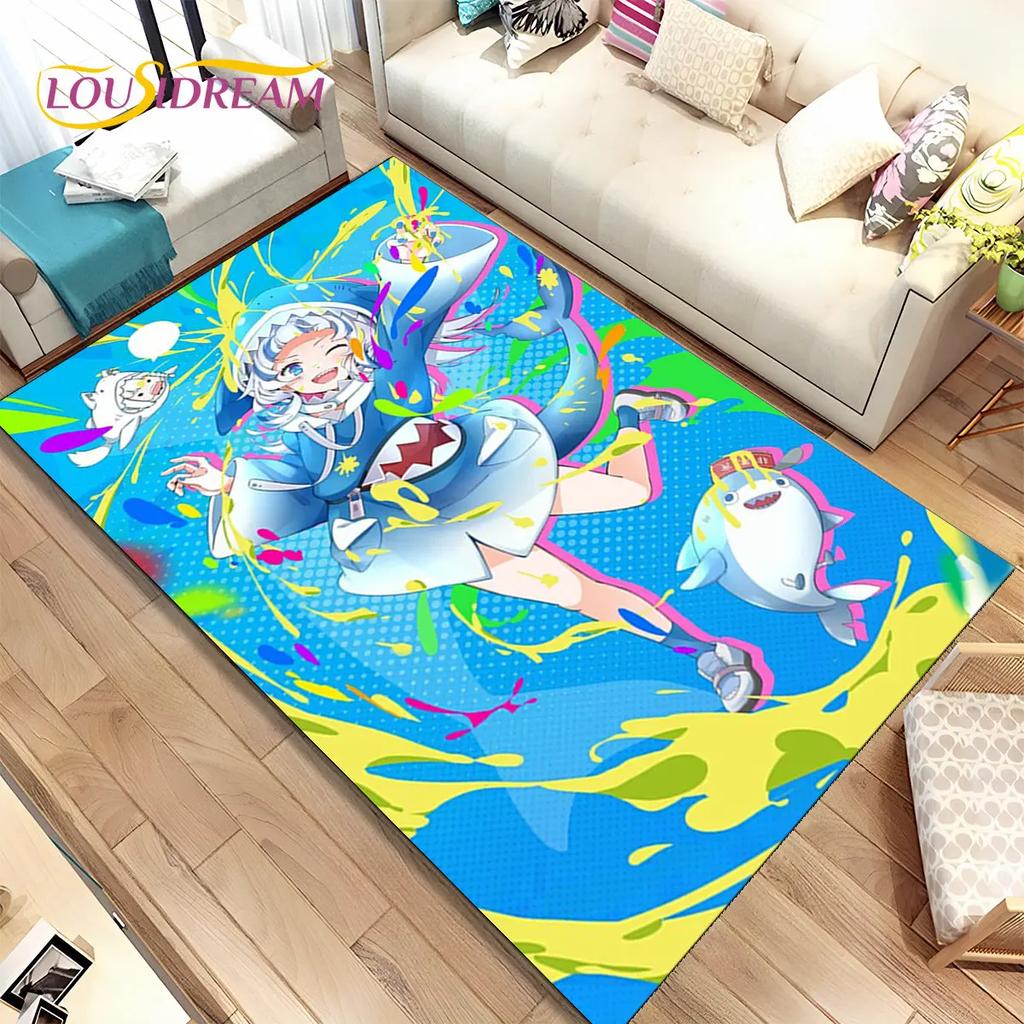 Gawr Gura Hololive Niedlicher Anime-Teppich, groß, Teppich für Wohnzimmer, Schlafzimmer, Sofa, Fußmatte, Dekoration, rutschfeste Bodenmatte für Kinder