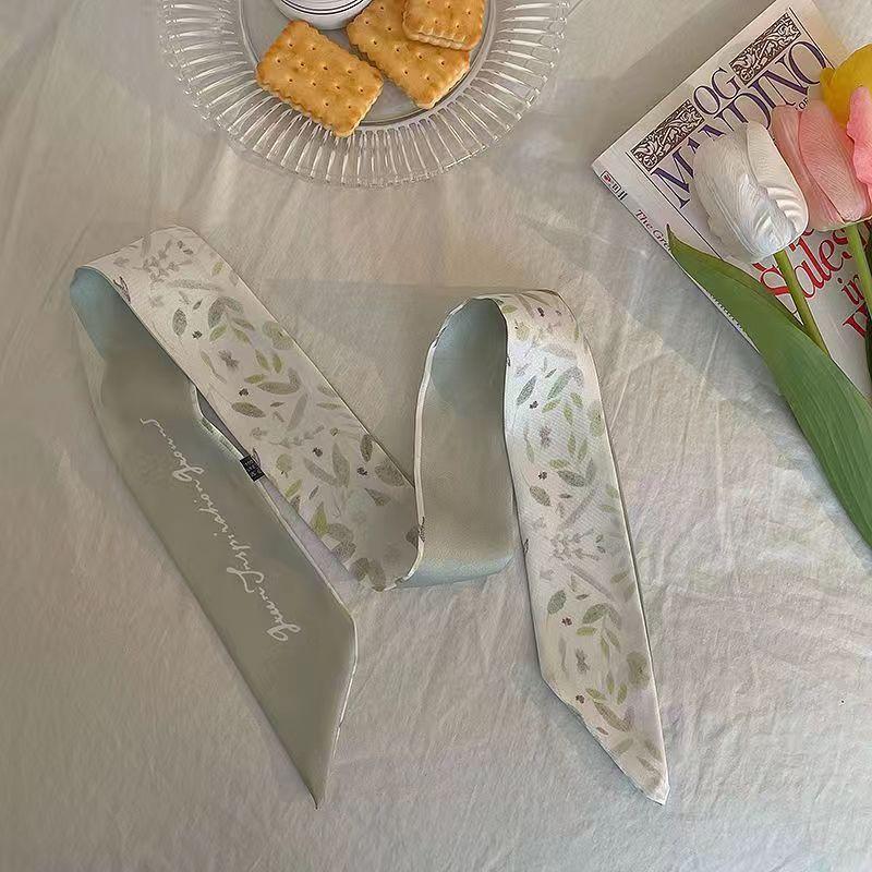 Small White And Tender Green Silk Scarf For Women, Thin Streamer, Headband, Hair Tie, Bag Decoration Long