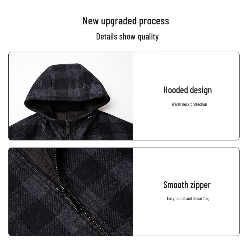 Caizi Men's Hooded Slim Fit Plaid Wool Blend Overcoat