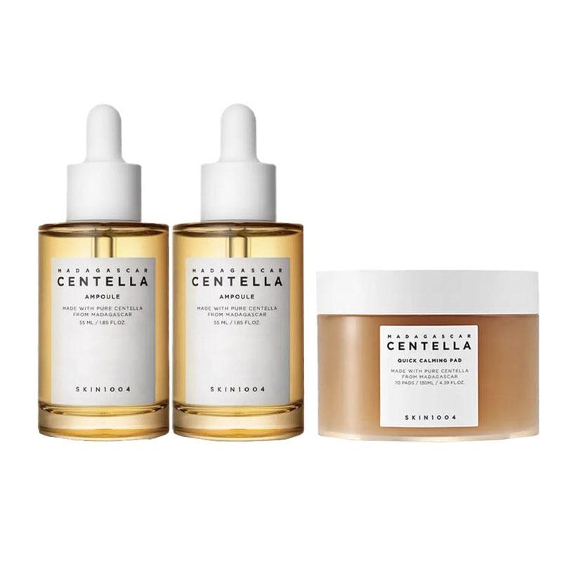 SKIN1004 Набор для ухода за кожей Centella 3 предмета, 2 ампулы Centella по 55 мл + 70 успокаивающих ватных дисков, Успокаивающий восстанавливающий набор для лица коричневый
