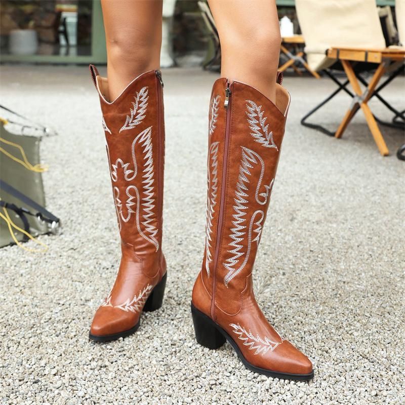 Western Women's Knee High Boots 2025 Block Wedge Heels Winter Shoes Ladies Black Red Embroider Long Cowboys Boots Footwear