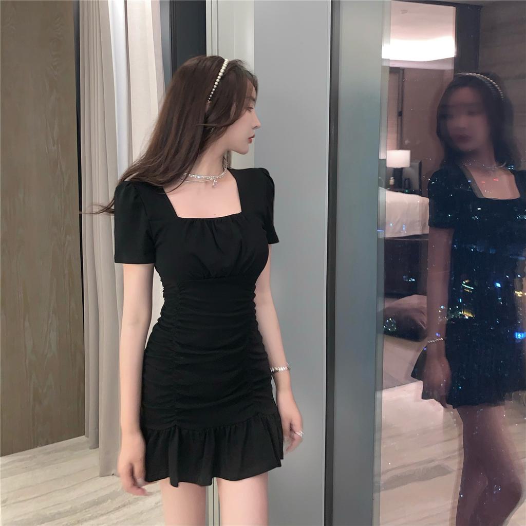 Spring and Summer Sexy Wrapped Hip Fishtail Dress Dress French Square Neck Slim Fit Slim Fold Wrapped Hip Ruffle Edge Dress