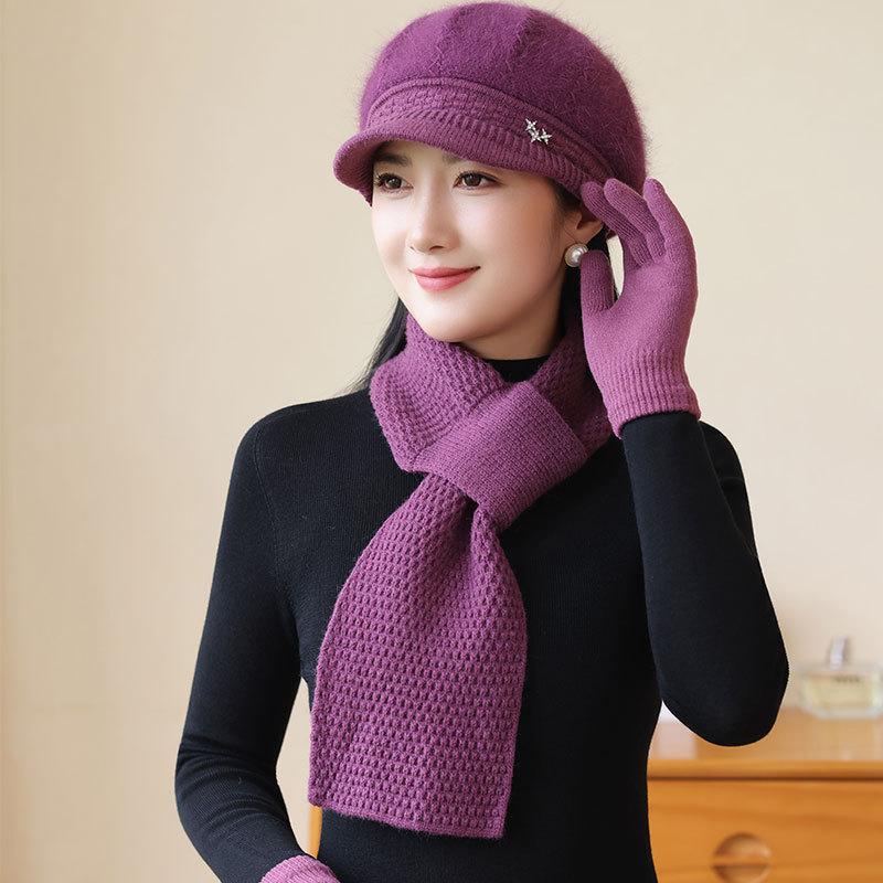 Old Lady Rabbit Fur Warm Knitted Hat Female Mother Plus Fleece Basin Hat Grandma Wind and Cold Scarf Glove Hat