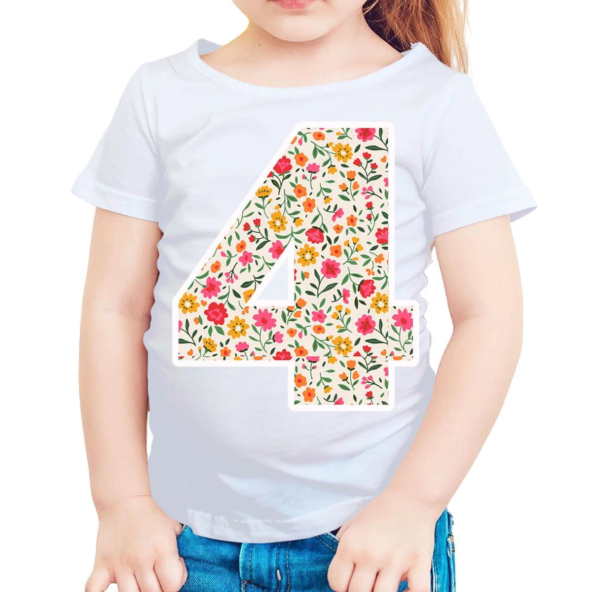 Personalised Floral Number 4 Birthday Kids T-Shirt For Girls Custom & Age#TA-195 140