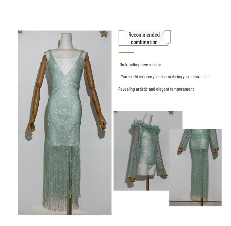 Yanni Lake Blue Rhinestone Tassel Bodycon Dress with Slimming Midi Skirt & Long Sleeve Top