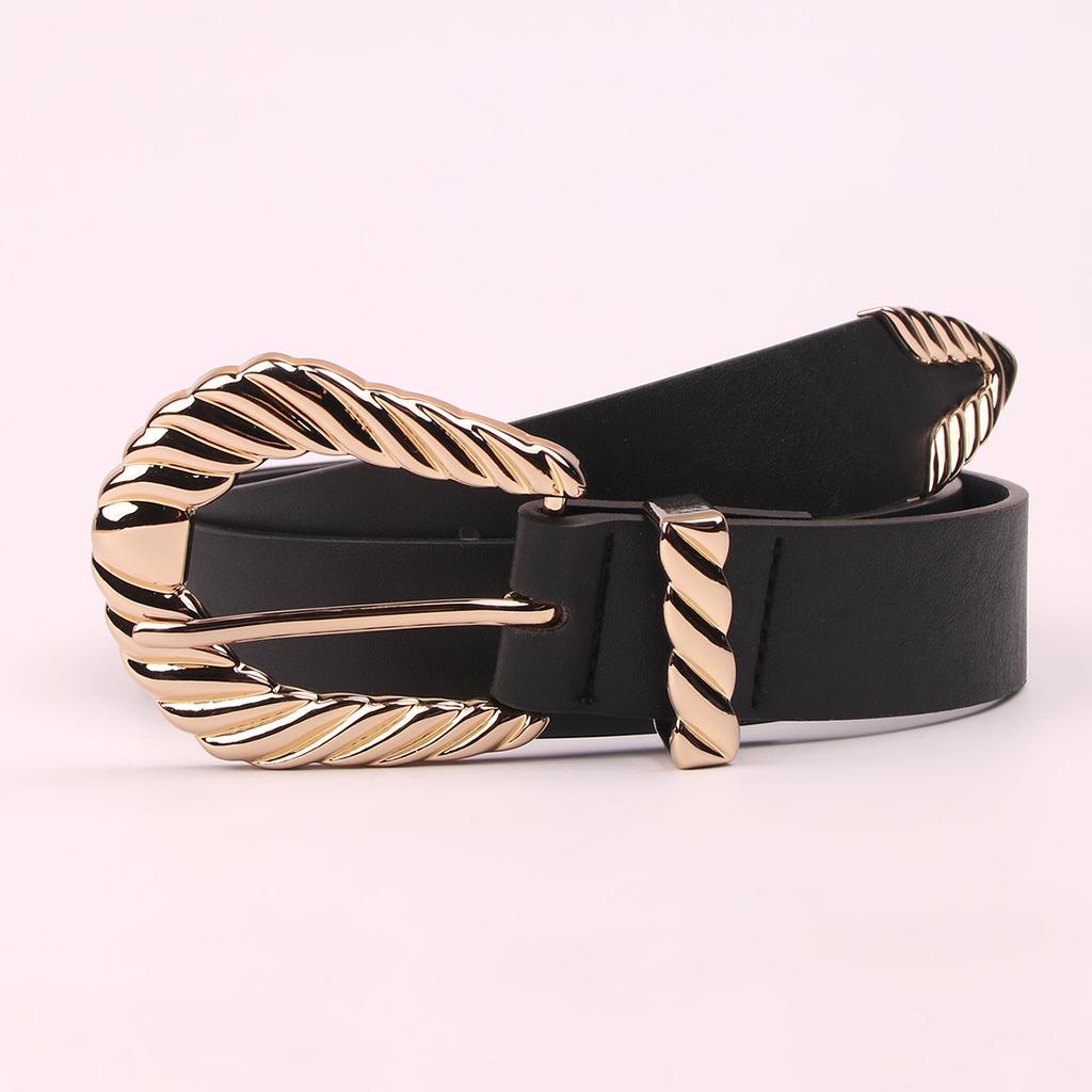 New Women's Big Buckle Flat Belt Fashion Black All-match Three-Piece Set of Imitation Leather Belt Belt