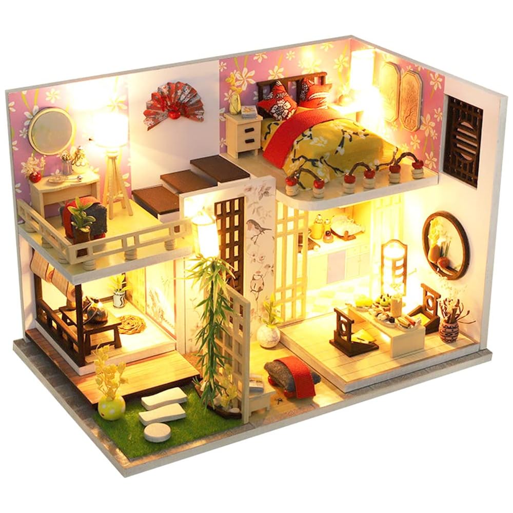

Moin Moin 1/24 Scale Dollhouse Miniature DIY Kit Modern Japanese Style Two-Story Model Room with LED Light and Acrylic Case