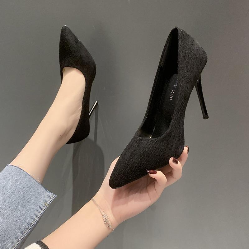 Fashion Spring and Autumn New Black Suede High Heels Female Shallow Mouth Pointed Toe Thin Heeled Sexy Temperament Dress Single Shoes