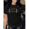 European Size Women'S Casual Heartbeat Graphic Tee - Black Short Sleeve Crew Neck T-Shirt with Leopard Print Heart Design