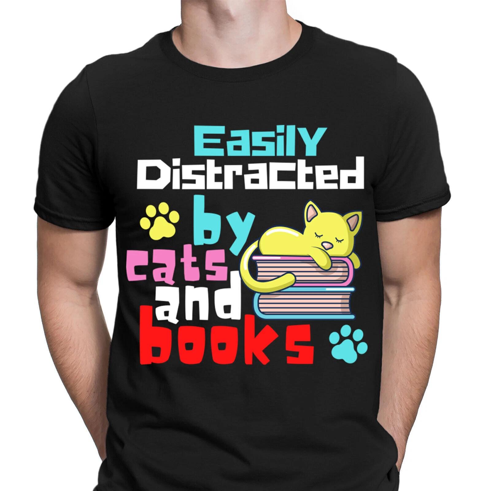 

Funny Easily Distracted Cat Book Lover Gifts Bookish Mens T-Shirts Tee Top #NED 3XL