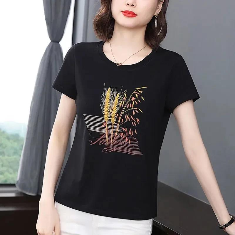 

Pure Cotton Short-sleeved Top T-shirt New Summer Wear Middle-aged Mother Loose Printed T-shirt for Women L