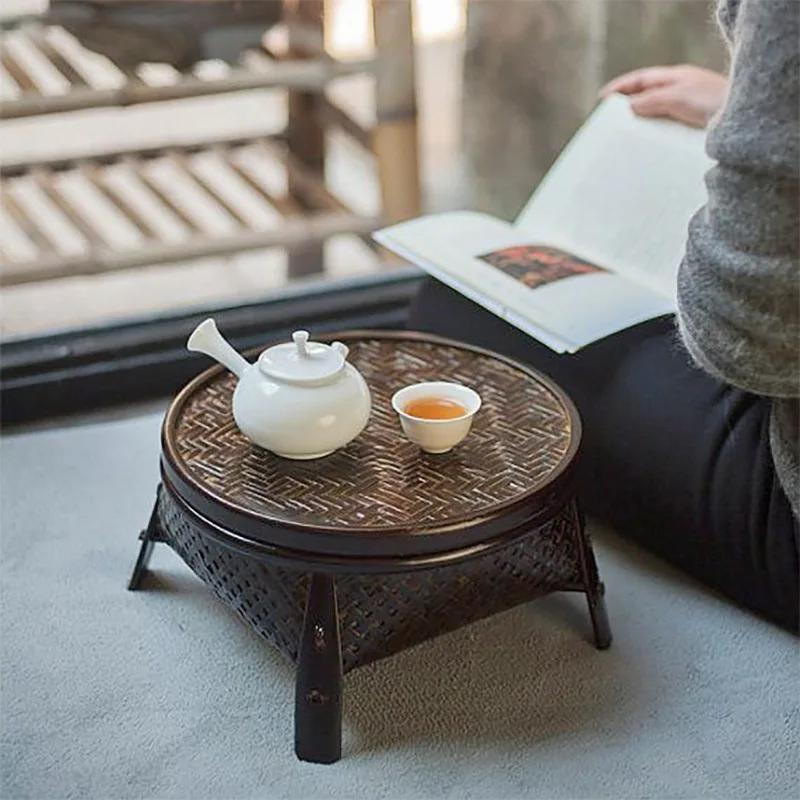 Chinese Style Coffee Table and Thai Style Retro Kung Fu Tea Set with Bamboo Basket with Lid Round Coffee Table for Domestic Use
