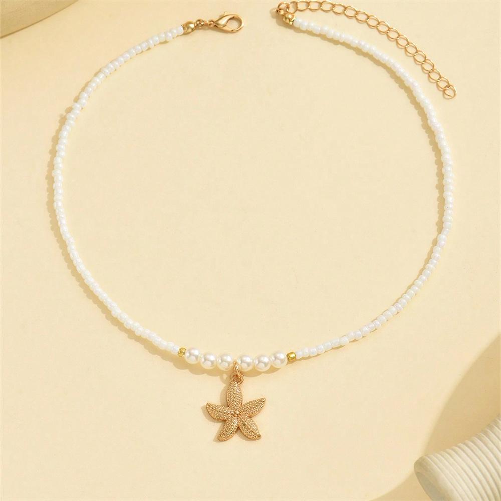 1pc Handmade Starfish Pendant Necklace With Faux Pearl Beads, Ocean Theme Jewelry For Women To Wear Daily
