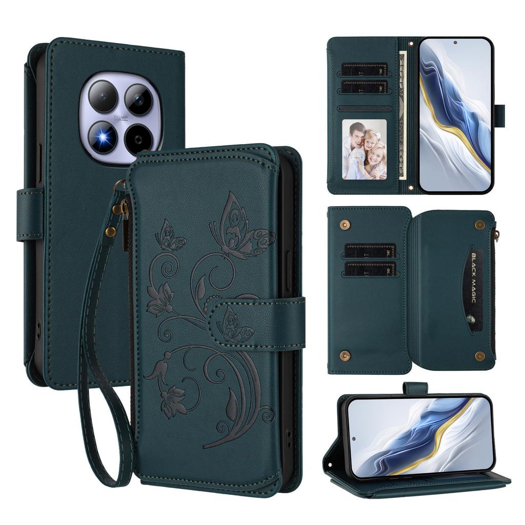 For Xiaomi Redmi Note 15 Pro 5G Leather Case Butterfly Floral Imprint Zipper Wallet Stand Cover with Wrist Strap