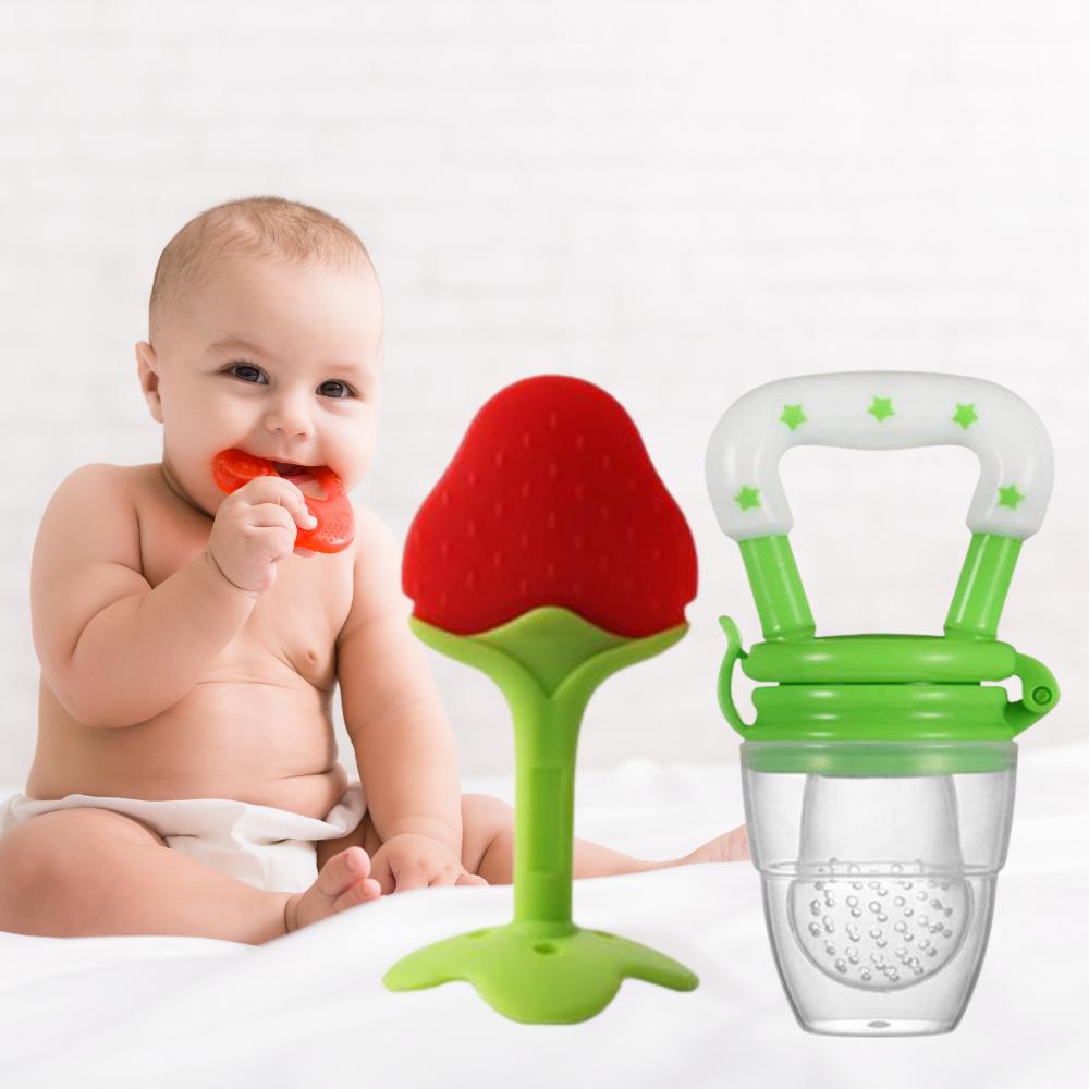 Baby Fruit Feeder & Teether Combo – Soft Silicone Feeding Nibbler and Teething Toy Set