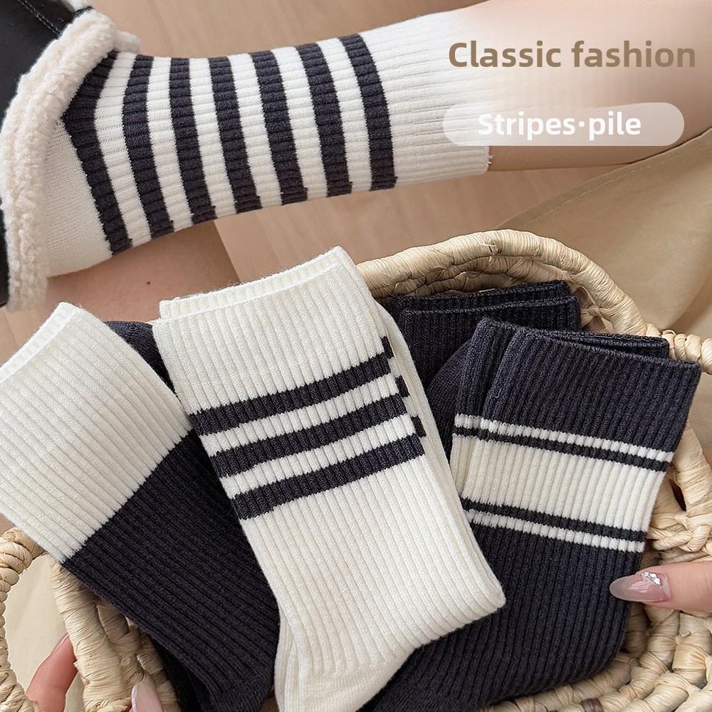 Striped Socks, Women's Pile Socks, Warm Cashmere Socks for Autumn and Winter, Mid-calf Socks, School Style, Versatile Long Socks