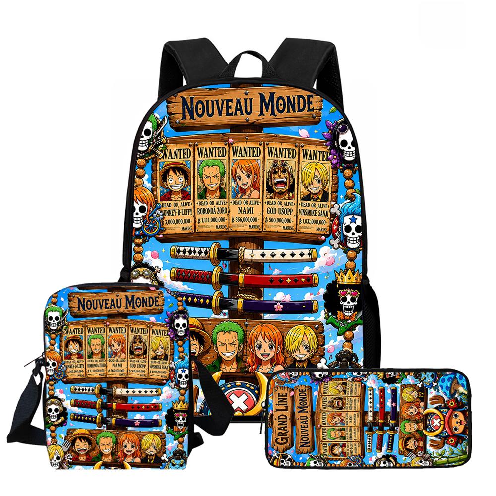 One Piece 15 Inch 3-In-1 Anime Lightweight School Backpack Set With Crossbody Bag Pencil Case For Boys Girls Grade 1-3 Mochila