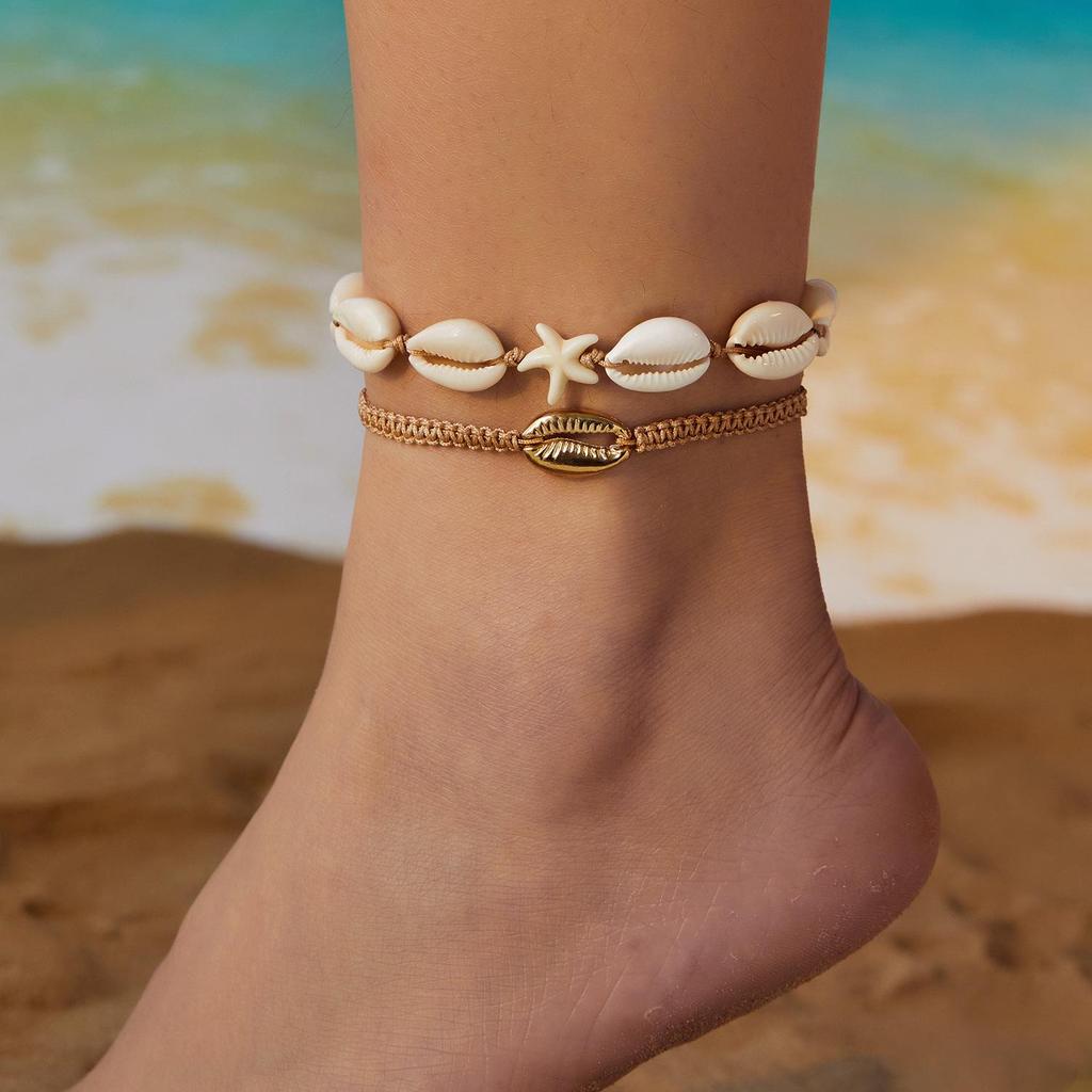 Bohemian Multilayer Rice Bead & Shell Anklet Set