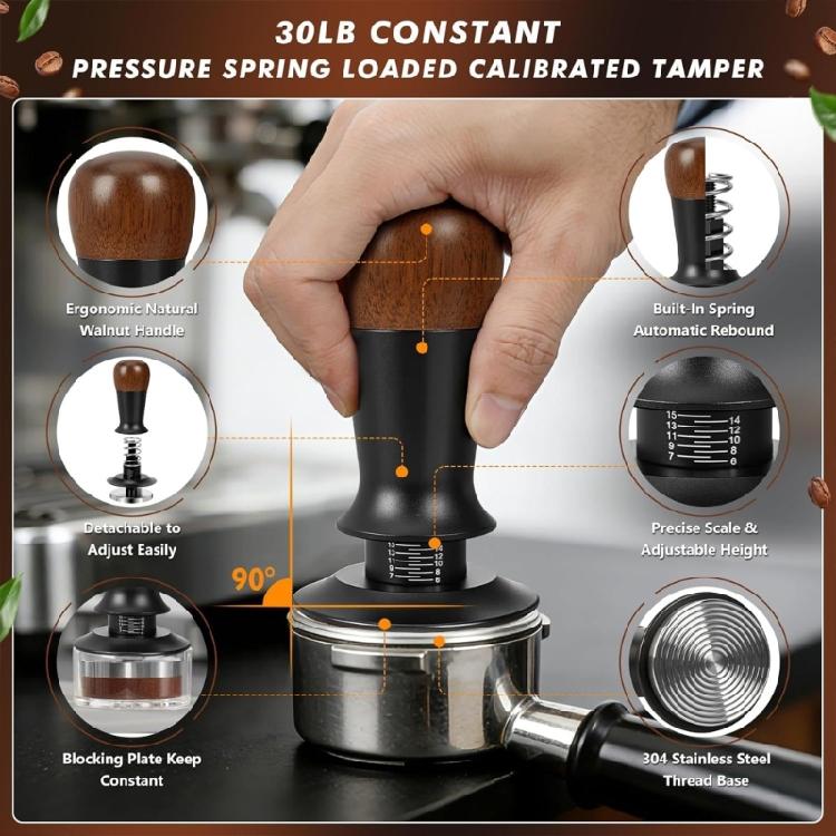 Coffee Use Starter Set with Metal Tamper, Milk Pouring Pitcher, Grounds Distributor and Dosing Guide Support for Home Counter Area