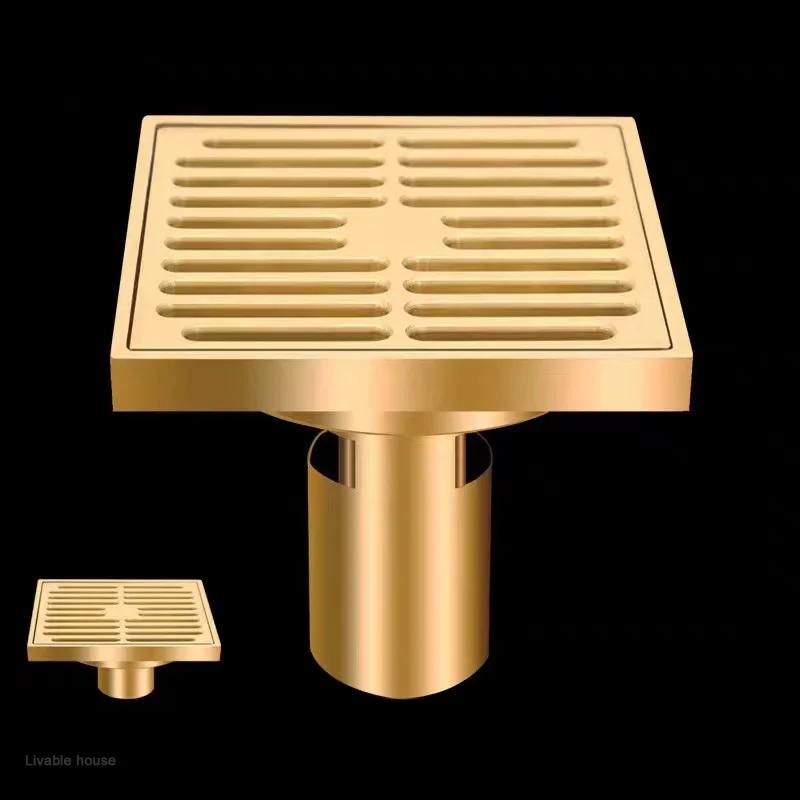 10*10cm gyllent gulvsluk messingforebyggende luktfortykningsavløp dusj baderomsavløp balkong vaskemaskin gulvsluk