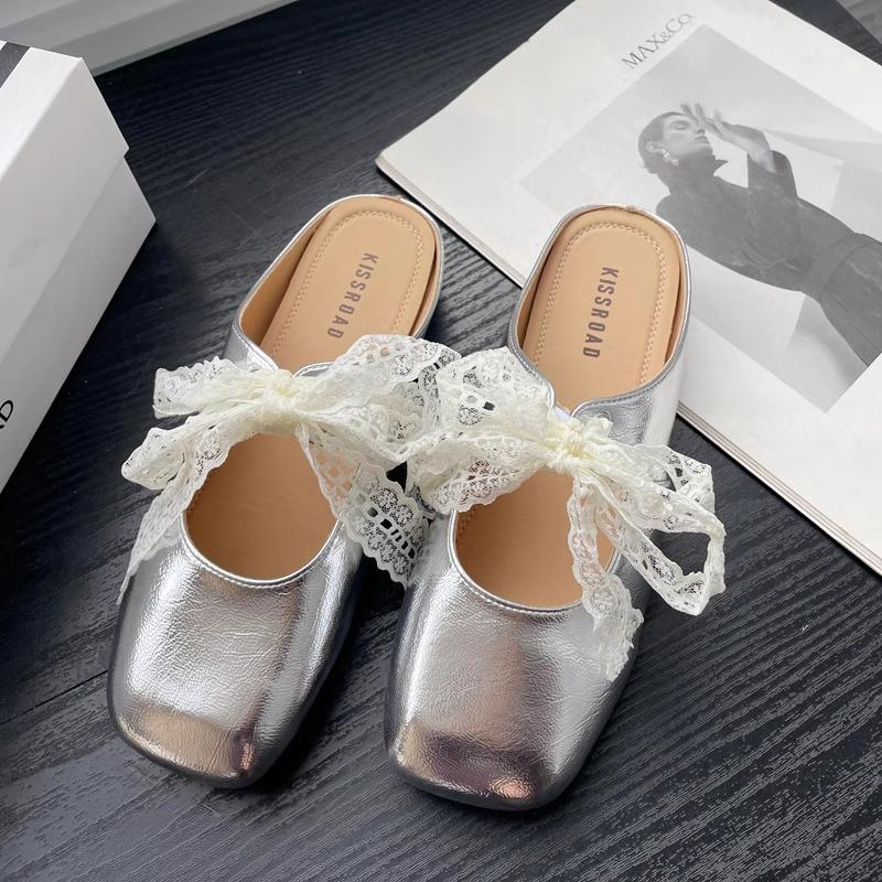 French small fragrant wind bag head half slippers women's shoes wear 2025 spring and summer evening lace Mary Jane half tray single shoes