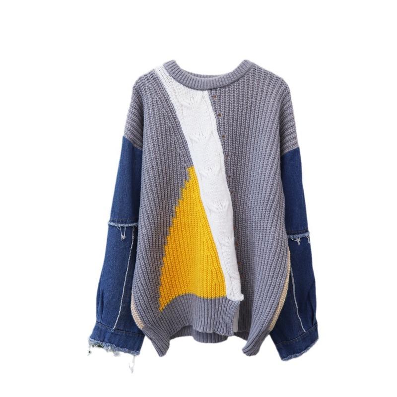 Denim Sleeves Splicing Design Sweater Pullover Women's Autumn and Winter New Loose Lazy Wind Knitted Sweater Top