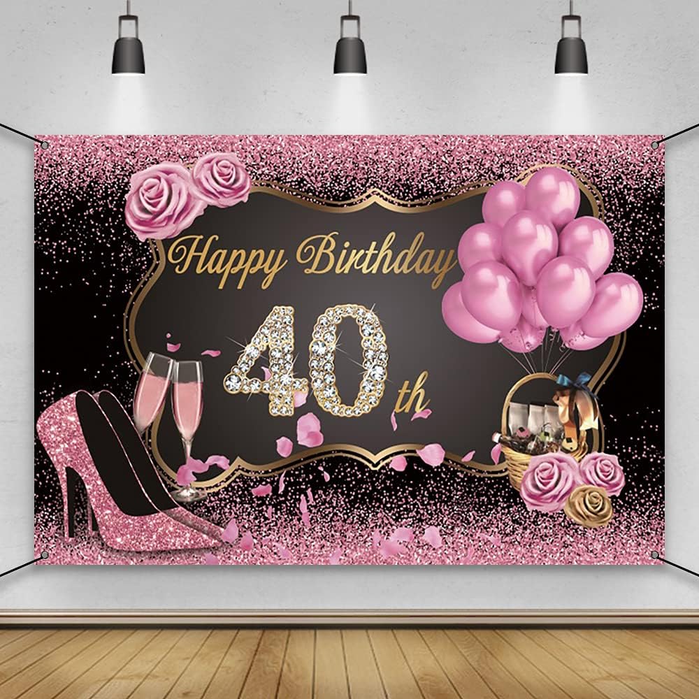 AWERT Polyester 6x3.6ft Happy 40th Birthday Banner - Pink Gold Sign Poster for Women's 40th Party Decorations with Diamonds, Champagne Rose, High