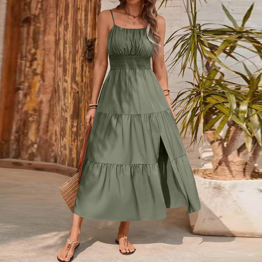 Women’s Sleeveless Smocked Waist Maxi Dress with Spaghetti Straps and Side Slit for Summer Beach and Vacation Wear