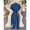 K-style Minimalist Fancy Polo Collar Denim Dress Female Summer Belt Slimming Slit Stylish Temperament Long Dress