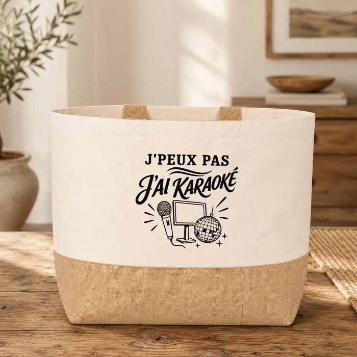 Sac J’peux pas j’ai Karaoké J'peux pas minimaliste | Cabas en Coton avec Fond Jute 18 L 48 × 37 × 13 cm | Marché Shopping Plage