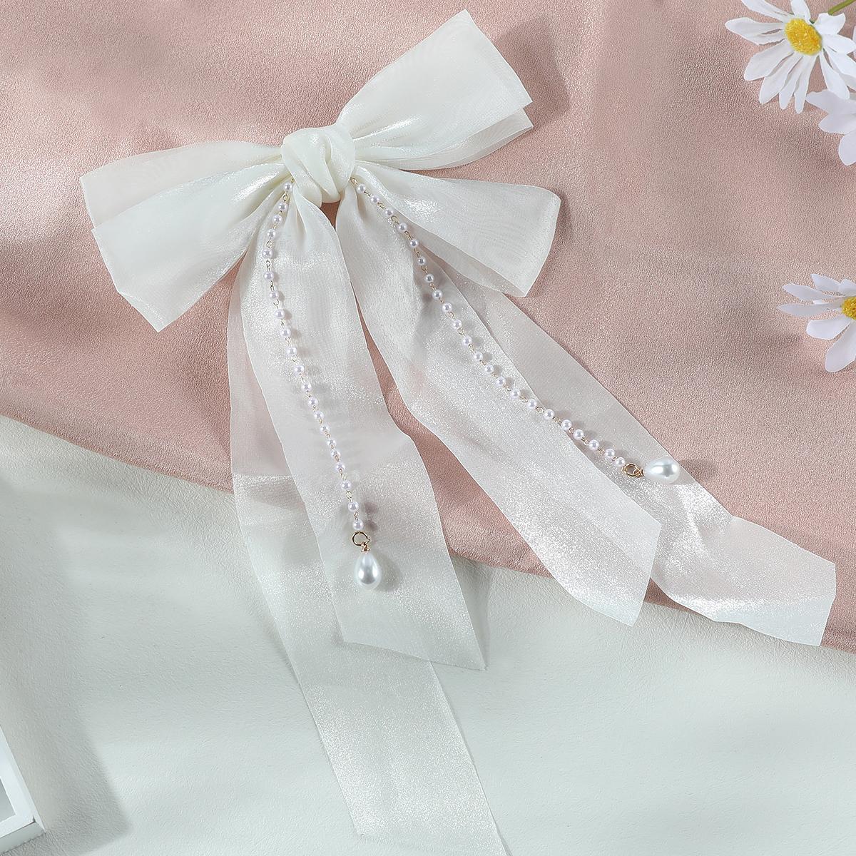 

Элегантная длинная заколка для волос с жемчужной кисточкой и бантом из сетки для женщин, модные простые заколки для волос, аксессуары для волос для девочек с однотонной пружинной клипсой