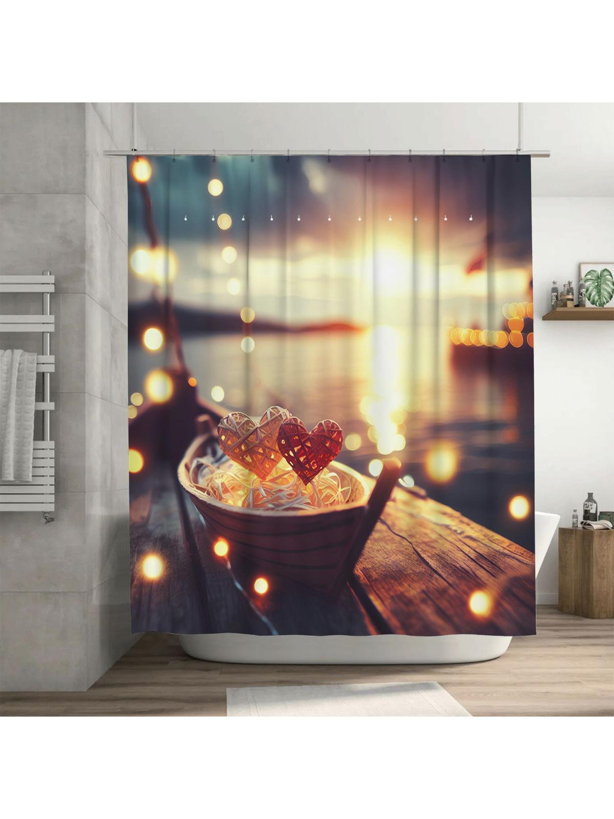 3D Heart Boat Shower Curtain | Romantic Sunset Bathroom Decor 90X180cm