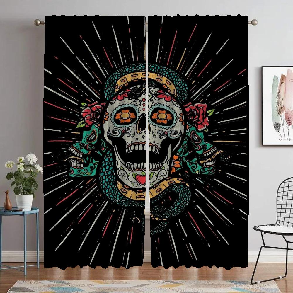 Mexico Flower Skull Anti-mosquito Curtains for Living Room Blackout Curtain for Room 2 Panel Halloween Decoration Partition Home
