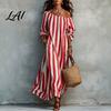 Casual Summer Dress Women Striped Long Dress Off Shoulder Sleeve Soft Ankle Length Loose Swing with Side Pocket Breathable Beachwear