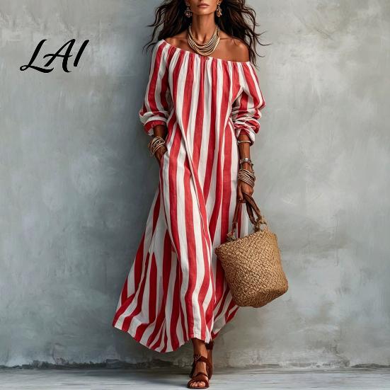 Casual Summer Dress Women Striped Long Dress Off Shoulder Sleeve Soft Ankle Length Loose Swing with Side Pocket Breathable Beachwear
