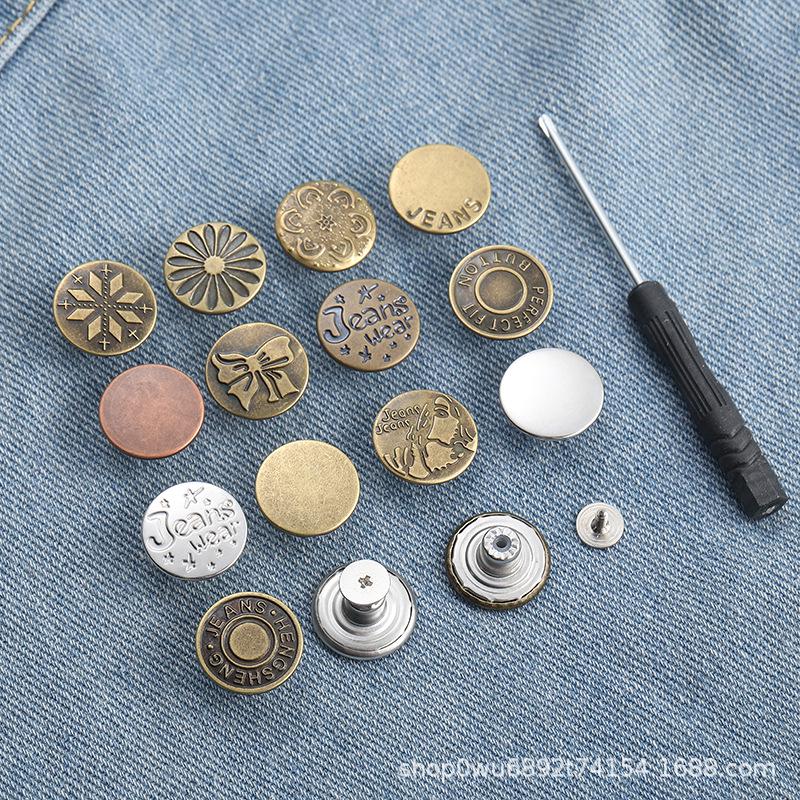 Adjustable No-Sew Detachable Metal Jeans Buttons – Flat Bottom, Nail-Free, Resizes Waistbands Effortlessly