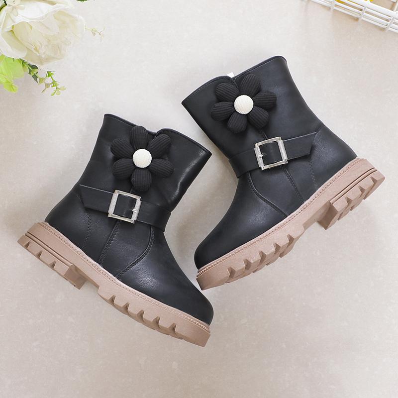 Sweet Princess Boots Flowers Cute Buckle Fashion Kids Shoes Side Zipper Children Casual Shoes PU 2024 New Brown Beige Elegant
