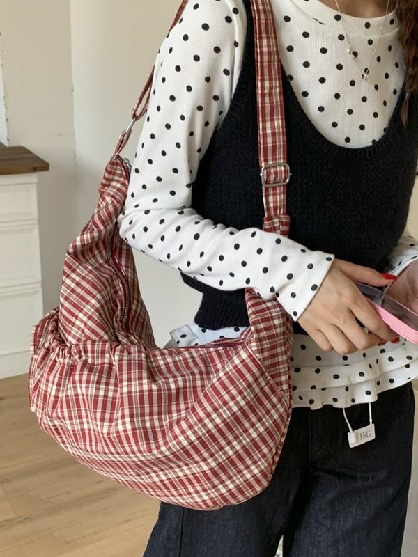 Vintage Plaid Tote Bag For Women With Zipper Closure And Large Capacity