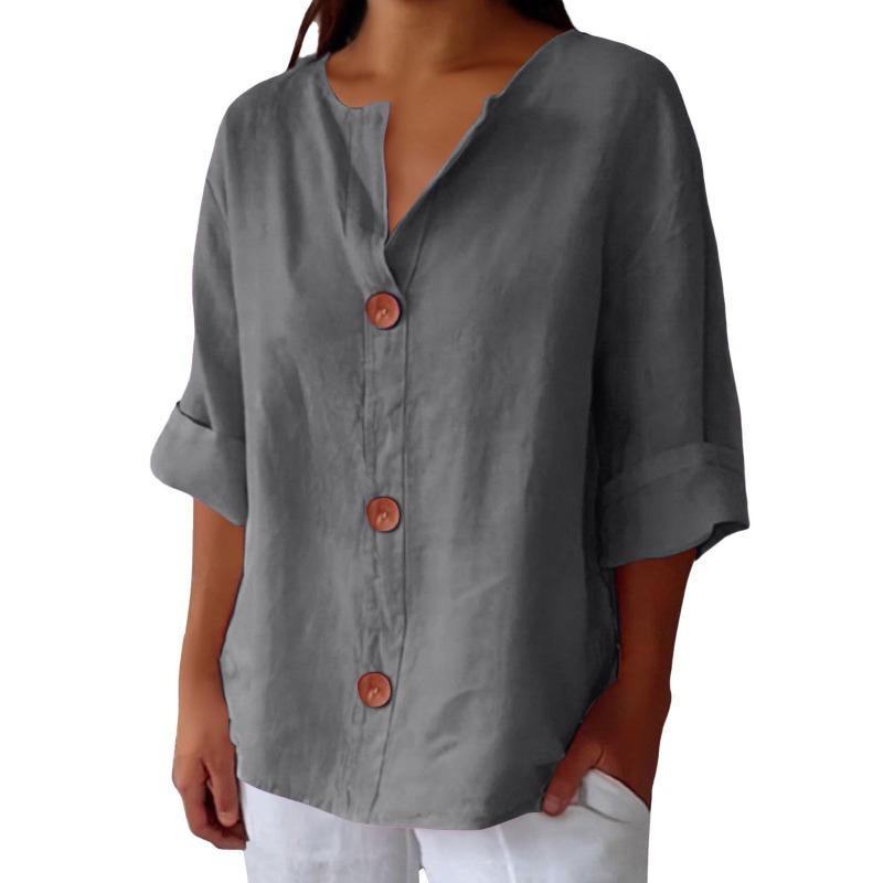 Spring and Summer New Loose T-shirt Women's V-neck Cotton and Linen Button Simple Solid Color Top