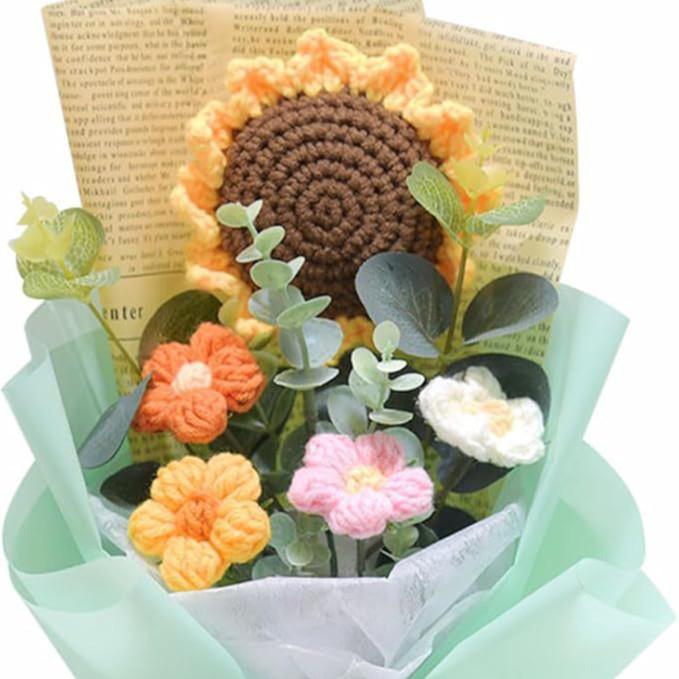 Handmade Knitted Yarn Bouquet: Crocheted Roses, Lilies, Tulips, and Gesang Flowers for Valentine's Day