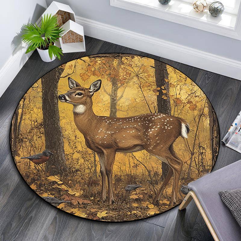 Forest Deer Round Area Rug,Carpet Rug for Living Room Bedroom Sofa Playroom Decor,Non-slip Floor Mat