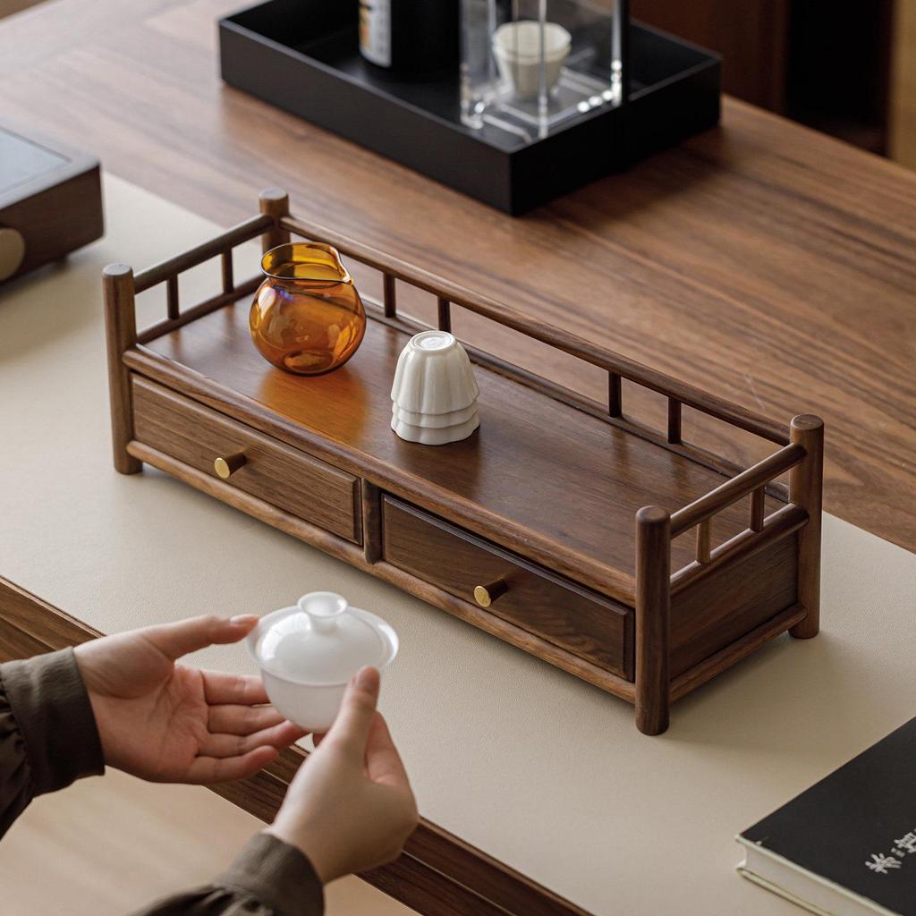 Guanlan Walnut Wood Tea Table with Double Drawer and Display Shelves for Tea Pot and Cup Storage