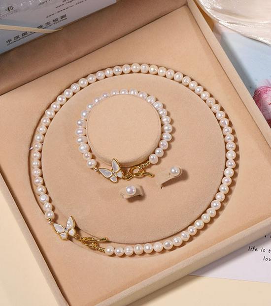 Zhuji Süßwasserperlen-Halskettenset für Damen - Echte Perlen Schlüsselbeinkette - Muttertagsgeschenk