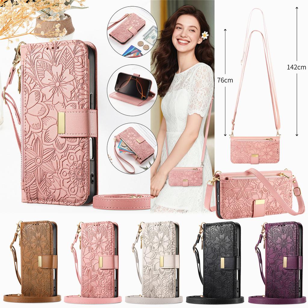 Florales Leder-Wallet-Case für iPhone 12-17 Serie. mit abnehmbarem Schultergurt