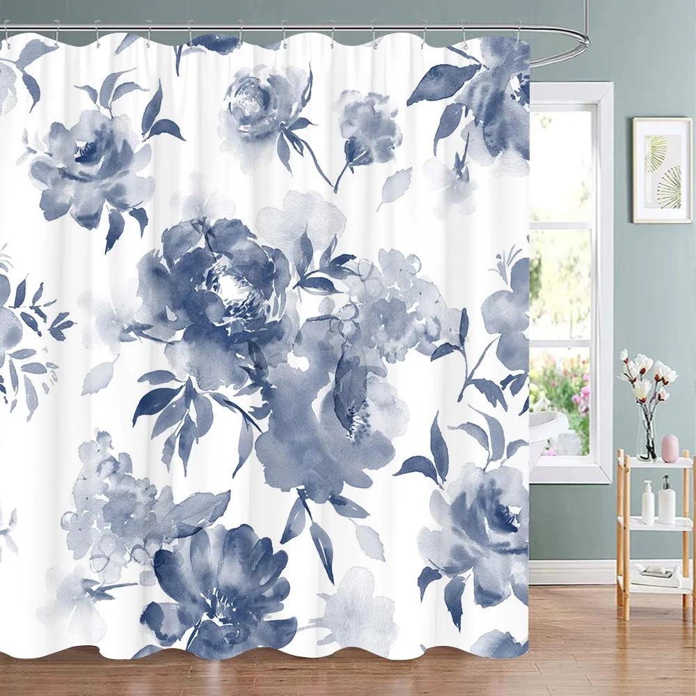 Botanical Flower Shower Curtain Tropical Leaves Fresh Flowers Polyester Fabric Washable Shower Curtain Bathroom Decor With Hooks